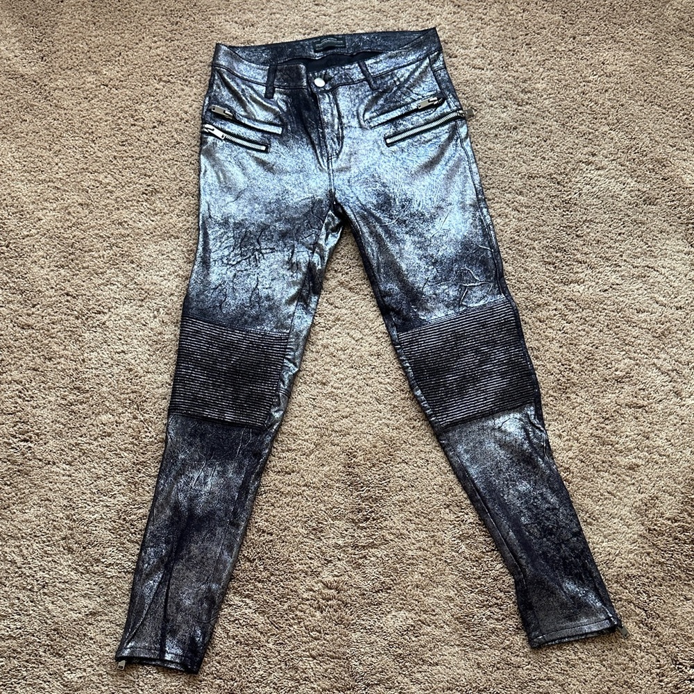 Zara Metallic Silver Black Pants with Zipper details